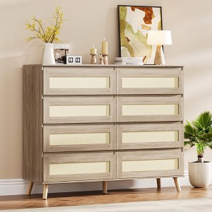 Rattan Dresser for Bedroom with 8 Drawers, 47.2" Wide Chest of Drawers, Modern Wooden Double Dresser TV Stand with Wood Legs - 1 of 4