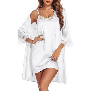 Ekouaer Sleepwear Women's Satin Nightgown with Robes Set 2 Piece Sexy Lace Cami Nightwear - 1 of 4