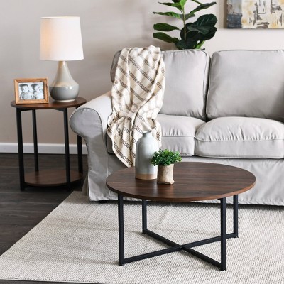 Mid-Century Walnut and Black Metal Round Coffee Table with Scratch-Resistant Top