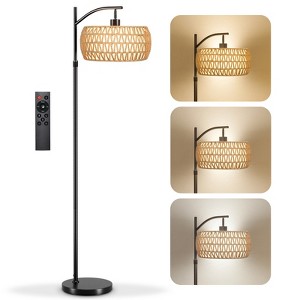 SUGIFT Dimmable Boho Floor Lamp with Rattan & Linen Drum Shade – Remote & Footswitch Control - 1 of 4