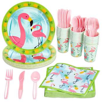 Juvale 144-Piece Pink Flamingo Birthday Party Supplies, Paper Plates, Napkins, Cups, Cutlery for Summer Hawaiian Themed Party, Baby Shower (24 Guests)