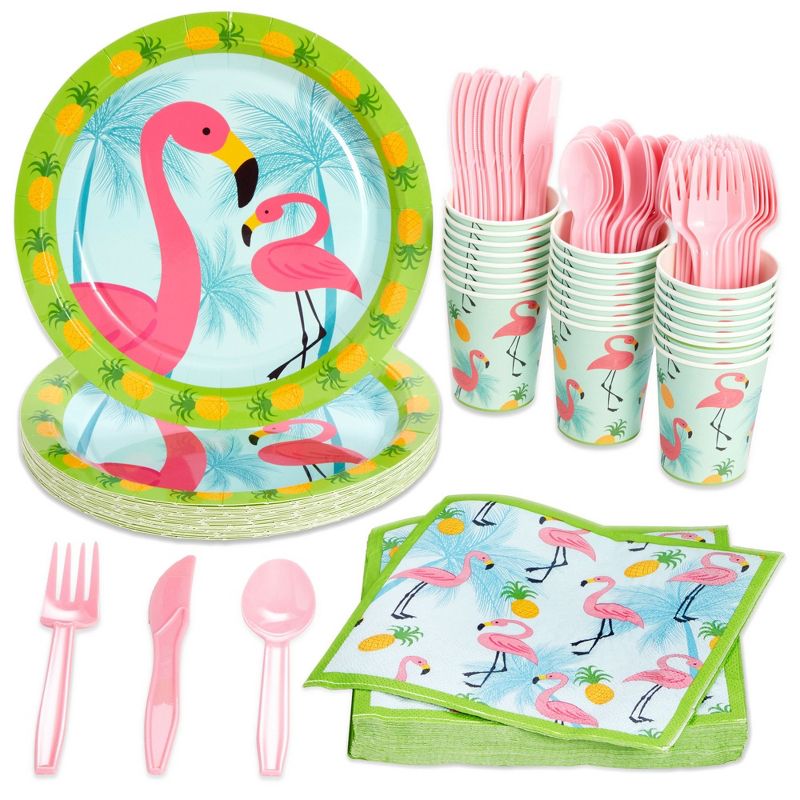 Juvale 144-Piece Pink Flamingo Birthday Party Supplies, Paper Plates, Napkins, Cups, Cutlery for Summer Hawaiian Themed Party, Baby Shower (24 Guests), 1 of 10