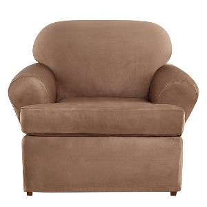 2pc Ultimate Stretch Suede T-Chair Slipcovers Luggage Brown - Sure Fit: Elastic Fit, Polyester & Spandex Blend, Indoor Use - 1 of 3