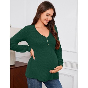 Women’s Maternity Shirts Long Sleeve Pregnancy Tops for Women Casual V Neck Tunic Blouse Clothes with Button - 1 of 4