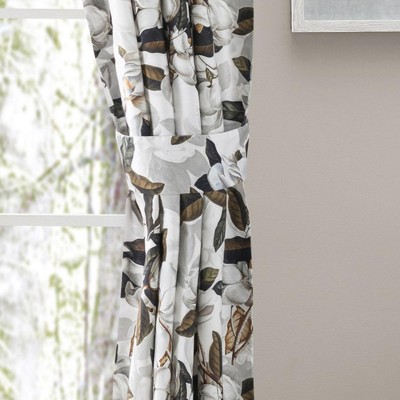 Magnolia Floral Blackout Cotton Polyester Curtain Panel Pair with Tiebacks, 100" x 63"