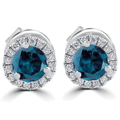 Pompeii3 1Ct Blue Diamond Halo Studs 10k White Gold Earrings