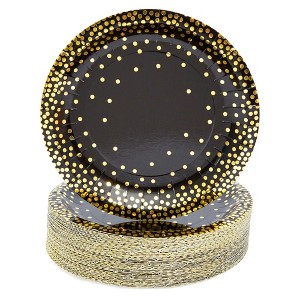 Blue Panda 48-Pack Black and Gold Party Plates, 7 Inch Paper Plates for Birthday Cake and Desserts - 1 of 4