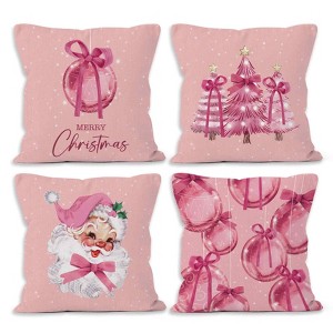 Pink Winter Christmas Coquette Bow Throw Pillow Covers 18x18 Set of 4, Christmas Tree Santa Claus Decor - 1 of 4