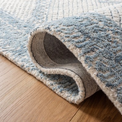 Ivory and Blue Hand Tufted Wool Runner Rug