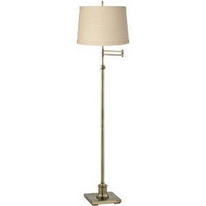 360 Lighting Modern Floor Lamp Adjustable Swing Arm 70" Tall Antique Brass Burlap Drum Shade for Living Room Reading Bedroom Office - 1 of 4