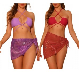 Elerevyo Women's Bandeau O Ring Cinched Strapless with Sarong Cover-Ups Beach Skirt Bathing Suit 2 Sets - 1 of 4