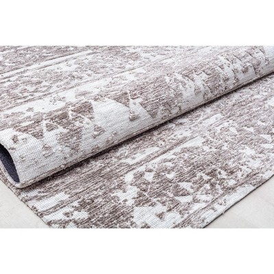 Ivory and Brown Geometric Distressed Vintage Area Rug