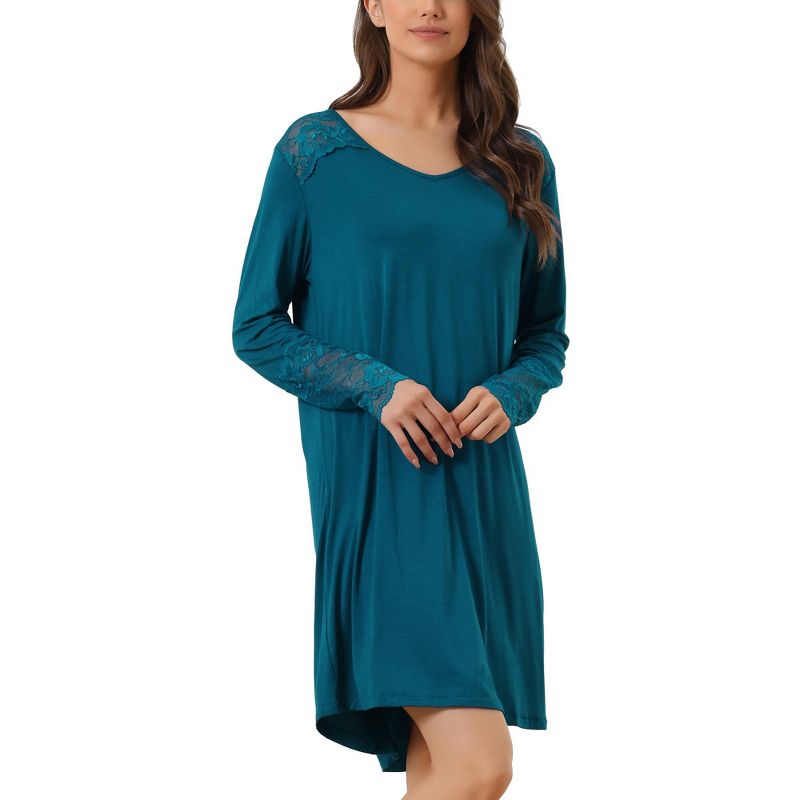 cheibear Women's Lace Trim Long Sleeves Pull-on Nightshirt Dress, 1 of 7