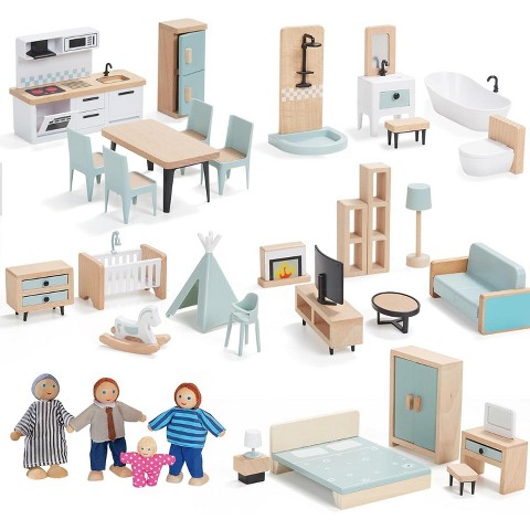 Etokfoks 36pcs Wooden Dollhouse Furniture Set with 5 Rooms and 4 Dolls Blue Pretend Play Accessories for Kids Toddlers Ages 3 and Up