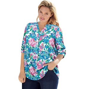 Woman Within Women's Plus Size Rayon 7-Day Three-Quarter Sleeve Tab-Front Tunic - 1 of 4