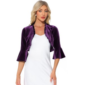 Allegra K Women's Velvet Shrug 3/4 Sleeve Open Front Ruffled Cropped Cardigan - 1 of 4