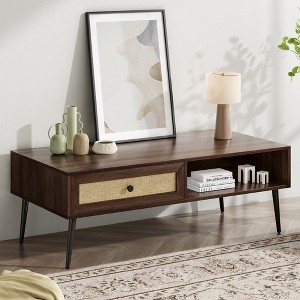 47" Wood Rectangle Coffee Table with Drawer, Shelf, and Metal Legs for Living Room - 1 of 4