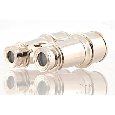 Brass Binoculars 5" H – Shiny Nickel Finish – 8x Magnification with Leather Case By Old Modern Handicrafts
