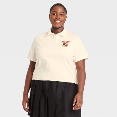 Women's Disney Mickey University Short Sleeve Cropped Graphic Polo Shirt - Ivory