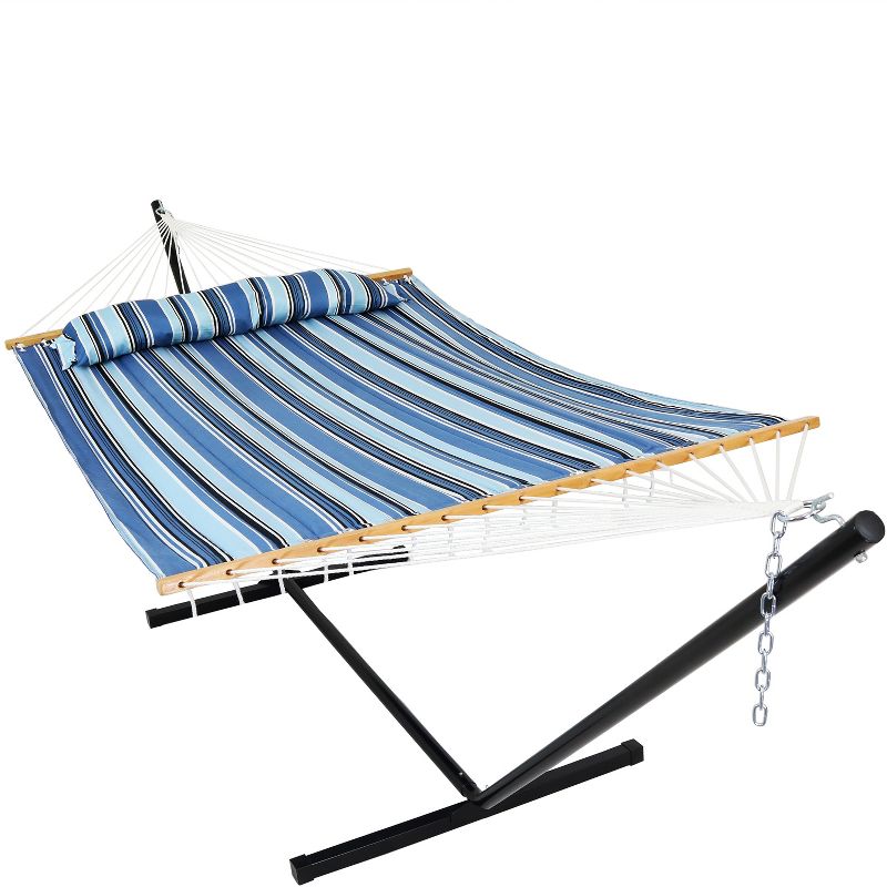 Sunnydaze Outdoor 2-Person Double Polyester Quilted Hammock with Wood Spreader Bar and 12ft Black Steel Stand, 1 of 20