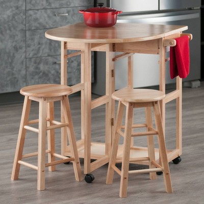 Light Wood Folding Table with 2 Stools and Wheels