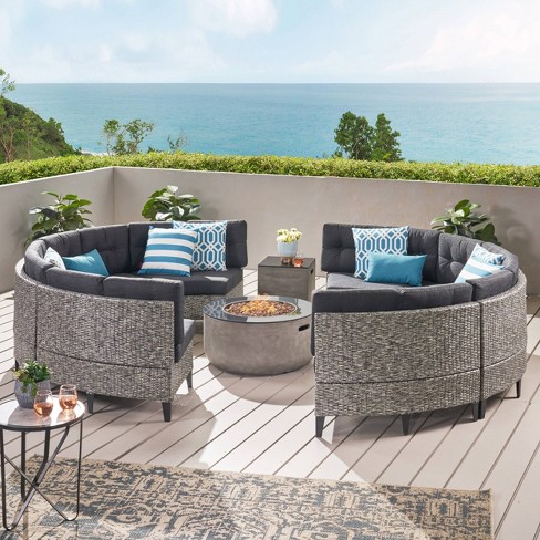Baltaire 10pc Wicker Round Sectional, Curved Patio Sofa With Fire Pit