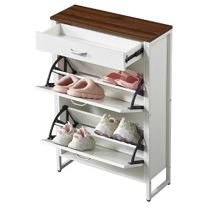 PDTEND Slim Freestanding Shoe Rack Storage Cabinet Organizer with 2 Flip Drawers and 1 Drawer - White and Walnut - 1 of 4