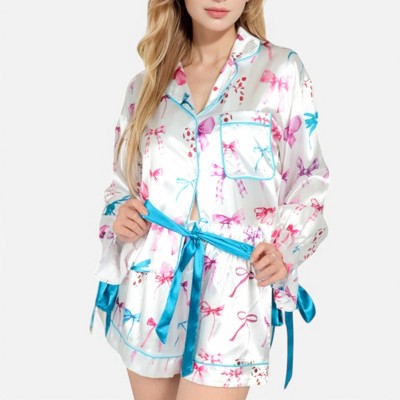 Anna-Kaci Lounge Women's Holiday Bow Print Pajama Set with Ribbon Tie Details and Button-Up Top