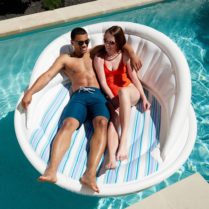 Swimline Solstice Aqua Sofa 2 to 3 Person Inflatable Pool Lounger Couch Float Raft w/Instaflate System & Throw Pillows for Kids & Adults, Blue/White, 5 of 7