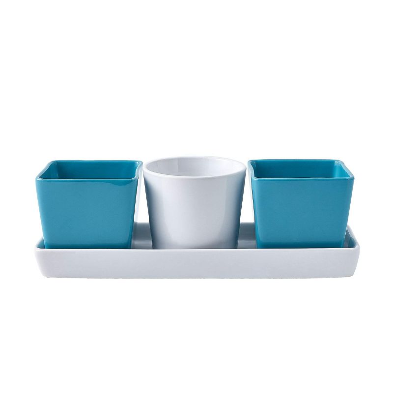 Bruntmor 4-Piece Ceramic Square and Round Serving Bowl Set with Tray in White and Teal, 3 of 7