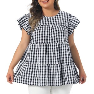 Women's Plus Size 1950s Gingham Crew Neck Flare Short Sleeves Summer Babydoll Blouse - Agnes Orinda - 1 of 4