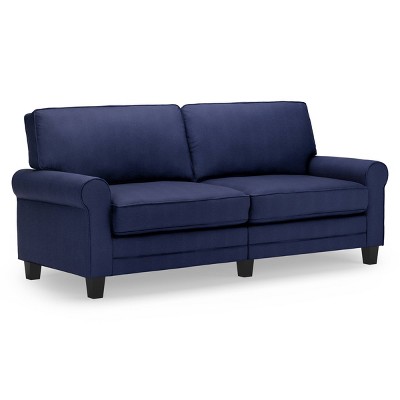 Navy Blue Leather Rolled Arm Sofa with Pillow Back