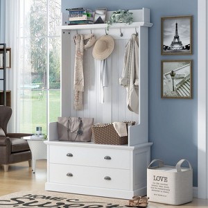 38.5"w Hallway Coat Rack with 5 Metal Hooks and 2 Large Drawers, Decorative Storage Cabinet - Maison Boucle - 1 of 4