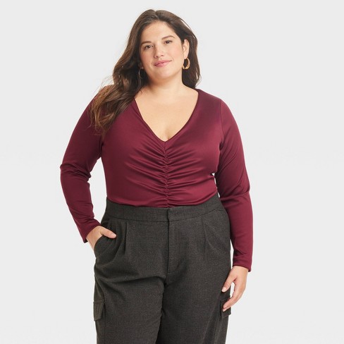 Women's Long Sleeve Ruched Slim Fit Bodysuit - A New Day™ Burgundy Xxl :  Target