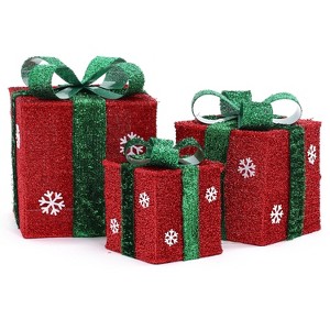 LuxenHome Set of 3 Red and Green Presents with Bows Lighted LED Indoor Outdoor Holiday Decoration - 1 of 4
