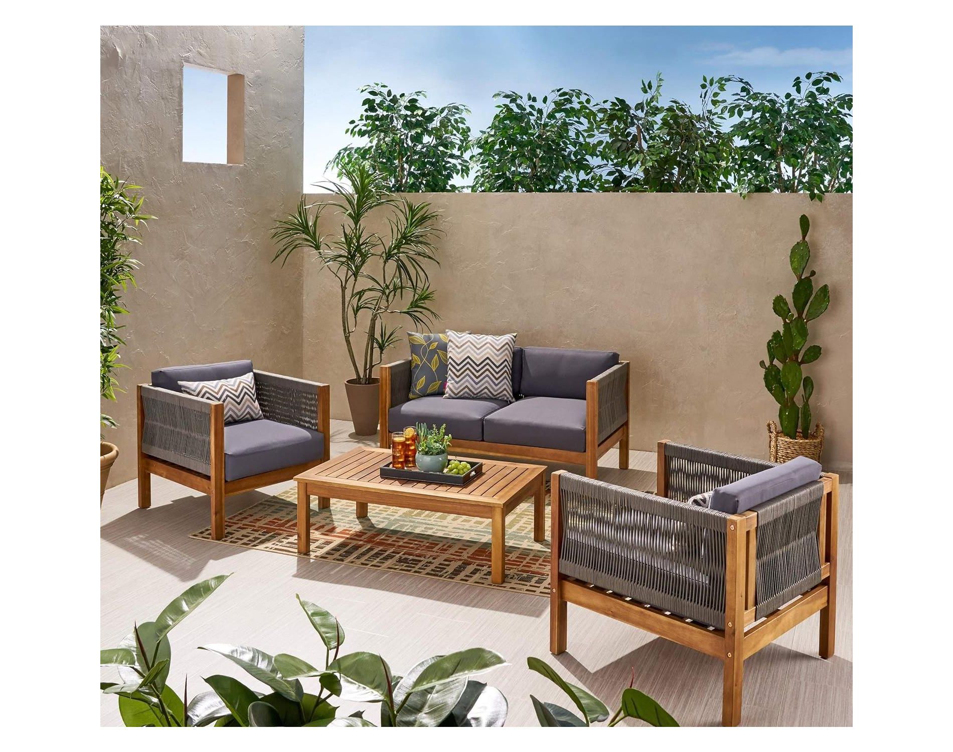 KWPZQEB 4 Pieces Patio Furniture Set, Loveseat & Coffee Table & 2 Armchair w/ Acacia Wood Frame & Cushion, 4-Seater Chat Set for Garden,Backyard,Porch