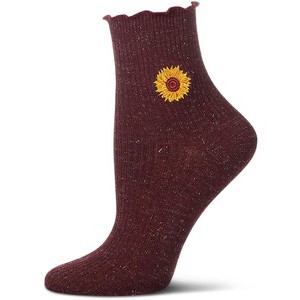 Memoi Women's Sparkly Ribbed Lettuce Edge Embroidered Sunflower Crew Sock Burgundy 9-11 - 1 of 4