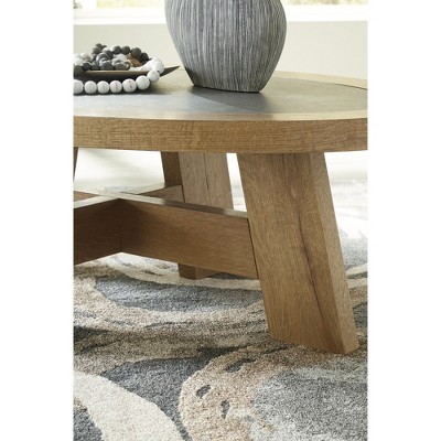 Oval Light Brown Wood Coffee Table with Faux Cement Top