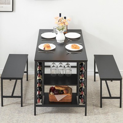 Dining Table Set for 4, Kitchen Table Set for 4 with 2 Benches, Rectangular Dining Room Table Set with Wine Rack