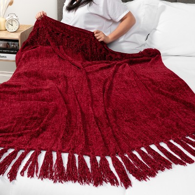 Burgundy Red Chenille Knitted Throw Blanket with Tassel Fringe