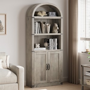 Bookcase with Doors Arched Bookshelf 71.65in Tall Bookcase Farmhouse Cabinet with Shelves Wooden Bookshelves for Home Office, Living Room - 1 of 4
