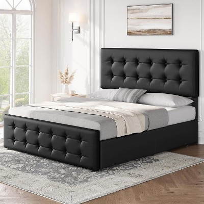 Full Size Bed Frame with 4 Storage Drawers and Headboard, Linen Upholstered Platform Bed Frame with Wooden Slats Support, Button Tufted Design, Grey