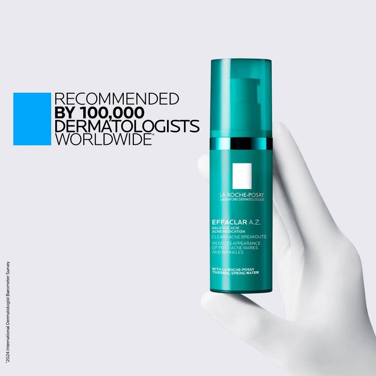 A teal colored bottle of La Roche-Posay Effaclar A.Z. acne medication is held by a gloved hand, with text stating "Recommended by 100,000 dermatologists worldwide."