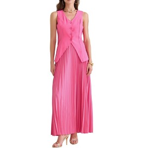 INSPIRE CHIC Women's Summer Outfits V Neck Sleeveless Button Vest Maxi Pleated Skirts Set 2 Pieces - 1 of 4
