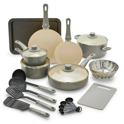 LunaLulink 18-Piece Soft Grip Toxin-Free Healthy Ceramic Non-Stick Cookware Set,Dishwasher Safe