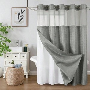 No Hook Shower Curtain with Snap - in Liner, Waffle Weave Heavy Duty, Mesh Top Window, Hotel Style Waterproof 72x75 Inch - 1 of 4