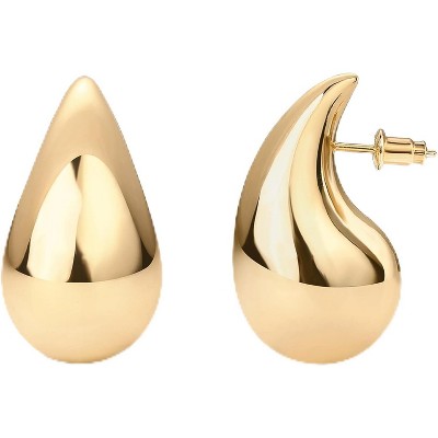 14K Gold Plated 925 Sterling Silver Post Teardrop Chunky Hoop Earrings - Lightweight Drop Earrings for Women - Designer Dupe