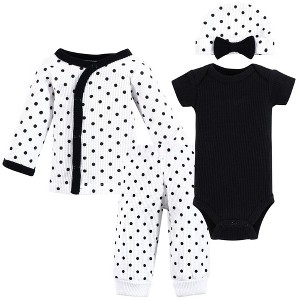 Hudson Baby Girls Thermal Preemie Layette 4pc Set, Black White Dots, Preemie - 1 of 4
