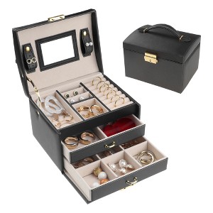 Unique Bargains PU Leather 3 Layer Birthday Gifts Jewelry Organizer Storage Holder with Drawer and Mirror - 1 of 4