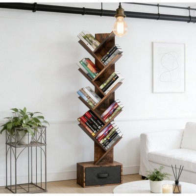 Airsurfer 6-Tier Rustic Brown Bookshelf Space-Saving Tree Bookshelf Decorative Storage for Living Room or Study